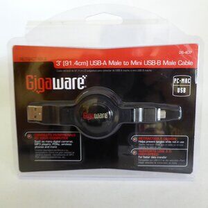 NEW GIGAWARE RETRACTABLE 3’ USB-A MALE TO MINI USB-B MALE CABLE PC & MAC